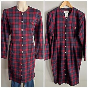Vintage Miss Dorby Plaid Dress | Red Navy Button Midi Shift Dress | 80s Retro
